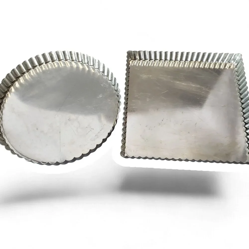 Vintage French Style Tinned Steel Tart Pans Lot Round & Square 2-Piece Set Tin